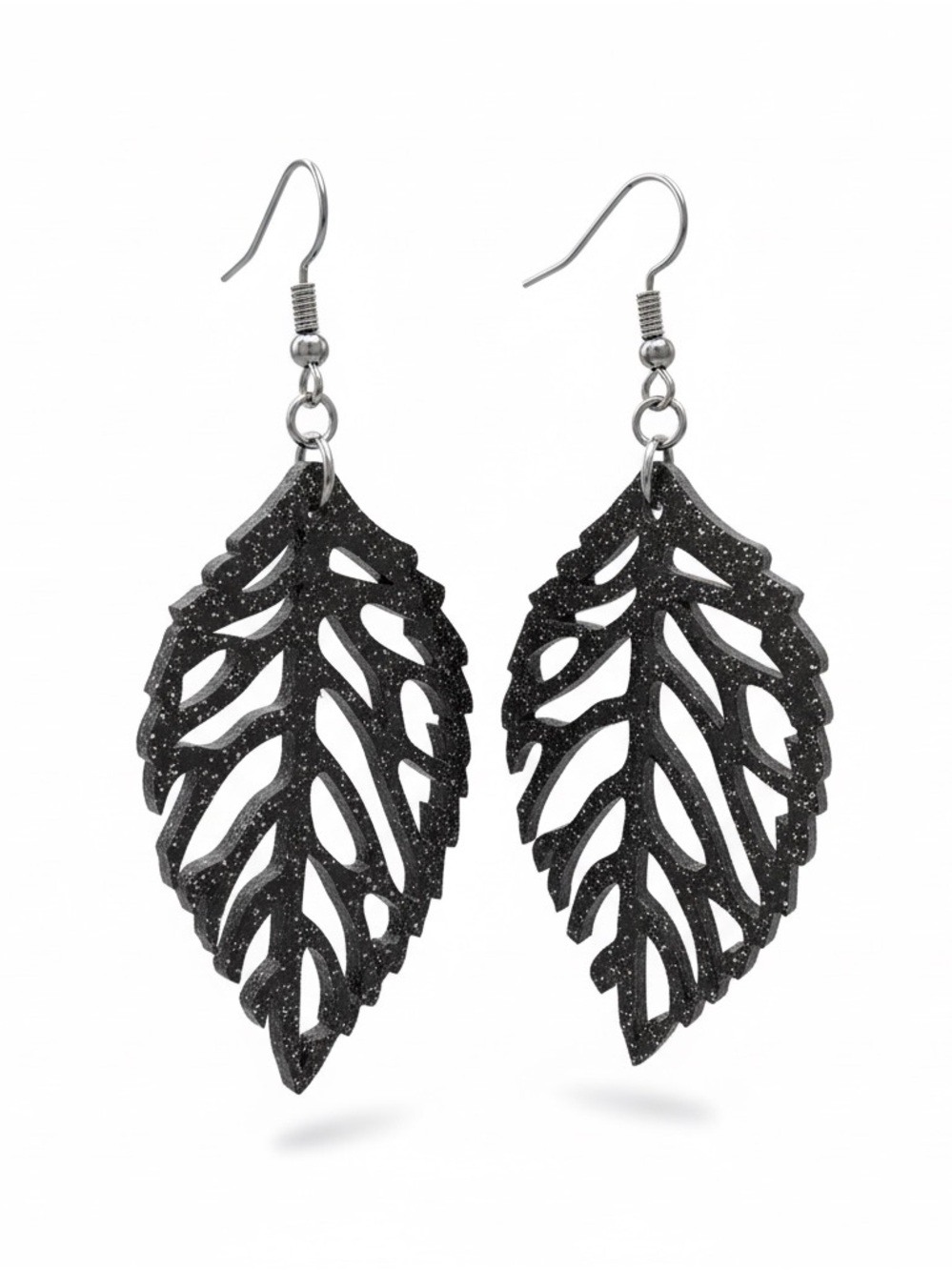 Black Glitter Leaf Drop Earrings - Brand